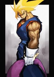 Rule 34 | 1boy, aura, black border, blonde hair, blue eyes, blue pants, blue sash, blue shirt, border, colored skin, dougi, dragon ball, dragonball z, earrings, gloves, hair between eyes, holding limb, jewelry, kimo, majin buu, muscular, muscular male, orange shirt, pants, pink skin, potara earrings, sash, shirt, smirk, solo, spiked hair, super saiyan, super saiyan 1, vegetto, white gloves