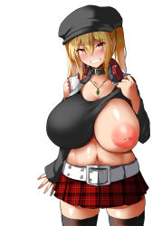 Rule 34 | 1girl, belt, black thighhighs, blonde hair, blush, breasts, brown eyes, cabbie hat, choker, collarbone, grin, hair between eyes, hat, headphones, headphones around neck, highres, huge breasts, inverted nipples, jewelry, kirome (kamipaper), large areolae, long hair, looking at viewer, miniskirt, navel, necklace, nipples, one breast out, original, plaid, plaid skirt, puffy nipples, red skirt, saaya (kirome), simple background, skirt, sleeves past wrists, smile, solo, standing, tank top, teeth, thighhighs, tsurime, twintails, virtual youtuber, white background