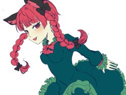 Rule 34 | 1girl, :d, animal ear fluff, animal ears, blunt bangs, blush, bow, bowtie, braid, breasts, cat ears, commentary request, dress, extra ears, eyelashes, flat color, floating hair, frills, from above, green dress, hair ribbon, half-closed eyes, highres, juliet sleeves, kaenbyou rin, kiyomoritti, long hair, long sleeves, looking at viewer, looking to the side, medium breasts, no tail, open mouth, petticoat, pointy ears, puffy long sleeves, puffy sleeves, red bow, red bowtie, red eyes, red hair, ribbon, simple background, smile, solo, touhou, tress ribbon, twin braids, very long hair, white background