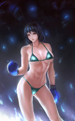 Rule 34 | 1girl, abs, arnon nahlek, bikini, black bikini, black hair, boxing gloves, breasts, commentary, contrapposto, cowboy shot, highres, large breasts, lips, original, red eyes, revision, short hair, solo, standing, swimsuit, toned, underboob