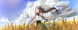 Rule 34 | 1girl, belt, black belt, black bow, black skirt, blanket, bow, braid, center frills, closed eyes, cloud, cloudy sky, collared shirt, fang, frills, high-waist skirt, highres, holding, holding blanket, hololive, hololive english, long hair, long sleeves, ninomae ina&#039;nis, orange hair, outstretched arms, plaid, plaid skirt, puffy sleeves, purple hair, quasarcake, shirt, shirt tucked in, skirt, sky, tentacle hair, twin braids, very long hair, virtual youtuber, wheat, wheat field, wind