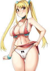 Rule 34 | 1girl, absurdres, bare arms, bare shoulders, blonde hair, blush, breasts, cameltoe, cleavage, cleft of venus, closed mouth, collarbone, cowboy shot, fairy tail, gluteal fold, highres, large breasts, long hair, looking at viewer, lucy heartfilia, matching hair/eyes, midriff, navel, nico-mo, panties, revealing clothes, sidelocks, smile, solo, thigh gap, twintails, underwear, white background, white panties