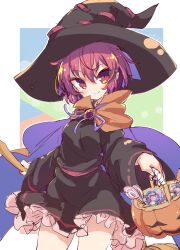 Rule 34 | 1girl, basket, black dress, black hat, broom, candy, cloak, closed mouth, cowboy shot, dress, food, halloween, halloween costume, hat, holding, holding basket, holding broom, isu (is88), jack-o&#039;-lantern, lollipop, long sleeves, looking at viewer, red eyes, red hair, sekibanki, short hair, smile, solo, standing, touhou, witch, witch hat