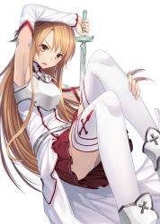 Rule 34 | &gt;:o, 10s, 1girl, :o, armpits, asuna (sao), brown eyes, brown hair, elbow gloves, gloves, izumi sai, long hair, long legs, open mouth, panties, pantyshot, revision, simple background, skirt, solo, sword, sword art online, thighhighs, underwear, upskirt, v-shaped eyebrows, weapon, white background, white panties, white thighhighs