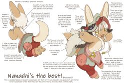 Rule 34 | 1girl, 1other, androgynous, animal ears, artist name, blush, closed mouth, english text, fangs, furry, furry female, helmet, highres, kawasemi27, long hair, looking at viewer, made in abyss, nanachi (made in abyss), open mouth, smile, solo, tail, teeth, text focus, twitter username, upper teeth only, whiskers, white hair, yellow eyes