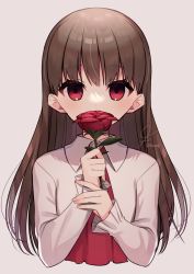 Rule 34 | 1girl, blush, brown hair, cropped torso, dot nose, dress, flower, flower over mouth, grey background, highres, holding, holding flower, ib (ib), ib (kouri), konogi nogi, long hair, long sleeves, looking at viewer, red dress, red eyes, red flower, red rose, rose, shirt, signature, simple background, smelling flower, solo, twitter username, upper body, white shirt