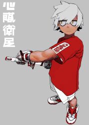 1boy closed_mouth dark-skinned_male dark_skin full_body gloves grey_background hair_between_eyes highres holding holding_weapon male_focus orange_eyes original popopo632 red_shirt sheath shirt shoes shorts simple_background sneakers solo standing translation_request unsheathing weapon white_hair white_shorts