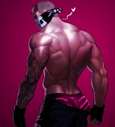 Rule 34 | 1boy, arm tattoo, ass, bandana, bandana over mouth, bara, biceps, call of duty, call of duty: modern warfare 2, cordedcart, fingerless gloves, ghost (modern warfare 2), gloves, grey hair, heart, highres, looking at viewer, male focus, male underwear, manly, mature male, muscular, muscular male, neon lights, red background, scar, short hair, simple background, solo, tattoo, topless male, triceps, underwear, wide back