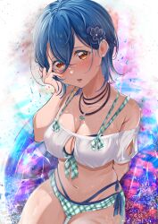 Rule 34 | 1girl, absurdres, bikini, bikini under clothes, blue bikini, blue hair, blush, breasts, center opening, cleavage, collarbone, double-parted bangs, earrings, frontrivers kae, hair between eyes, hair ornament, happy birthday, highres, jewelry, large breasts, looking at viewer, love live!, love live! superstar!!, multi-strapped bikini bottom, multi-strapped bikini top, navel, necklace, off-shoulder shirt, off shoulder, open mouth, red eyes, shirt, short hair, sitting, solo, star (symbol), star necklace, stomach, stud earrings, swimsuit, wakana shiki, white shirt