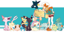 Rule 34 | 00s, 1girl, aipom, bow, brown hair, cabbie hat, chikorita, cleffa, creatures (company), cyndaquil, espeon, game freak, gen 2 pokemon, hagiko, hat, hat ribbon, low twintails, lyra (pokemon), marill, murkrow, nintendo, overalls, pichu, pokemon, pokemon (creature), pokemon hgss, ribbon, starter pokemon trio, tail, thighhighs, togepi, totodile, twintails, umbreon, white thighhighs, wooper