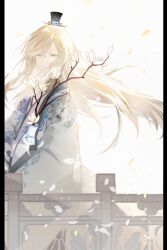Rule 34 | 1boy, blonde hair, branch, chinese clothes, chisuhuimo, closed mouth, coat, commentary, cowboy shot, falling petals, flower, from side, green eyes, grey coat, half-closed eyes, hanfu, highres, holding, holding vase, long hair, long sleeves, looking at viewer, looking to the side, magnolia, male focus, official alternate costume, patterned clothing, petals, railing, robe, smile, solo, standing, swept bangs, symbol-only commentary, the tale of food, vase, white background, white flower, white robe, wide sleeves, xiao guan (headdress), yangzhou fried rice (the tale of food)