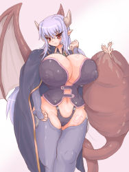 Rule 34 | 1girl, 57mm, alma elma, blue hair, breasts, cameltoe, cape, covered erect nipples, curvy, demon girl, demon wings, eating, horns, huge breasts, long hair, long tail, mon-musu quest!, navel, panties, plump, pointy ears, purple hair, red eyes, simple background, standing, tail, tail vore, tattoo, thick thighs, thighhighs, thighs, underwear, very long hair, vore, wings