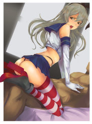 Rule 34 | 10s, 1boy, 1girl, aankau, ass, bad id, bad pixiv id, clothed sex, cowgirl position, dutch angle, elbow gloves, from side, g-string, gloves, hands on another&#039;s chest, implied sex, kantai collection, long hair, open mouth, panties, rudder footwear, school uniform, serafuku, shimakaze (kancolle), skirt, solo focus, straddling, striped clothes, striped thighhighs, thighhighs, thong, underwear
