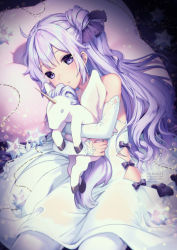 Rule 34 | 1girl, ahoge, artist name, azur lane, bare shoulders, black bow, blurry, blush, bow, depth of field, detached sleeves, dress, hair bun, lips, long hair, long sleeves, looking at viewer, lying, hugging object, on side, one side up, pantyhose, parted lips, pillow, purple eyes, purple hair, rosuuri, side bun, sidelocks, single hair bun, single side bun, sleeves past wrists, solo, star (symbol), strapless, strapless dress, stuffed animal, stuffed pegasus, stuffed toy, stuffed unicorn, stuffed winged unicorn, unicorn (azur lane), watermark, wavy hair, web address, white dress, white pantyhose