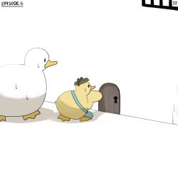 Rule 34 | bag, bird, bottle cap, diva (hyxpk), door, duck, duckling, frog headband, highres, keyhole, mouse hole, no humans, numbered, original, prison, simple background, sweat, white background, window