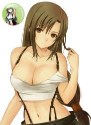 Rule 34 | 1990s (style), 1girl, bow, breasts, brown eyes, brown hair, cleavage, collarbone, enix, female focus, final fantasy, final fantasy vii, hair bow, hair ornament, hip focus, large breasts, long hair, m1k3.torr3s.usa, midriff, navel, playing with hair, shirt, smile, solo, square enix, strap slip, suspenders, tifa lockhart, white shirt