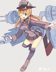 Rule 34 | 10s, 1girl, ;d, black skirt, black socks, black thighhighs, blonde hair, blue eyes, cross, female focus, gloves, hair ribbon, hat, iron cross, kantai collection, kneehighs, leg up, long hair, long sleeves, machinery, microskirt, military, military uniform, one eye closed, open mouth, outstretched arm, peaked cap, pleated skirt, prinz eugen (kancolle), ribbon, seo tatsuya, silver background, simple background, skirt, smile, socks, solo, thighhighs, turret, twintails, twitter username, uniform, white gloves