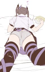 Rule 34 | 1girl, absurdres, ass, bed sheet, brown hair, checkered clothes, checkered skirt, chips (food), clothes lift, dress shirt, eating, eighth note, food, from behind, grey panties, hair ribbon, hat, hi you (flying bear), highres, himekaidou hatate, lace, lace-trimmed panties, lace trim, long hair, lying, miniskirt, musical note, on bed, on stomach, panties, pillow, potato chips, purple hat, purple ribbon, purple skirt, purple thighhighs, ribbon, shirt, short sleeves, skirt, skirt lift, solo, striped clothes, striped panties, thighhighs, tokin hat, touhou, underwear, vertical-striped clothes, vertical-striped panties, white shirt