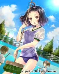Rule 34 | 3girls, :o, blurry, blush, cleaning, cleaning brush, cloud, cloudy sky, company name, day, depth of field, empty pool, gym shirt, hanekoto, lens flare, multiple girls, old school swimsuit, one-piece swimsuit, polka dot, polka dot scrunchie, ponytail, pool, railing, school swimsuit, scrunchie, shirt, sky, solo focus, swimsuit, swimsuit under clothes, topknot, tree, wavy hair, wet, wet clothes, wet shirt