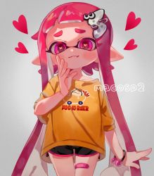 Rule 34 | 1girl, bandaid, heart, heart-shaped pupils, inkling player character, maco spl, nintendo, oversized clothes, oversized shirt, pink eyes, pink hair, pointy ears, shirt, smile, splatoon (series), symbol-shaped pupils
