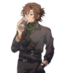 Rule 34 | 1boy, belt, belt buckle, black belt, black gloves, brown hair, buckle, collared shirt, commentary, cowboy shot, cup, disposable cup, english commentary, ensemble stars!, fingerless gloves, gloves, green eyes, hand up, highres, holding, holding cup, jewelry, long sleeves, male focus, mikejima madara, necklace, quasi-stationary front, shirt, short hair, simple background, solo, sweater, turtleneck, turtleneck sweater, white background