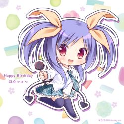 Rule 34 | 1girl, :d, black thighhighs, blue neckwear, blue skirt, blush, brown ribbon, candy, character name, chibi, collared shirt, commentary request, demon tail, dress shirt, fang, food, full body, grey footwear, hair ribbon, happy birthday, holding, holding candy, holding food, holding lollipop, kawai ameri, lollipop, long hair, looking at viewer, open mouth, plaid, plaid neckwear, plaid skirt, purple hair, red eyes, ribbon, ryuuka sane, shirt, sidelocks, skirt, smile, solo, tail, tayutama, thighhighs, twitter username, two side up, white shirt