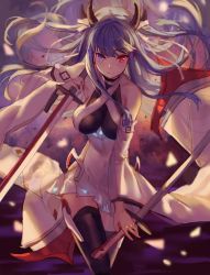 Rule 34 | 1girl, azur lane, bare shoulders, bekko, blue hair, breasts, commentary request, cowboy shot, detached sleeves, dual wielding, heterochromia, highres, holding, horns, ibuki (azur lane), large breasts, long hair, looking at viewer, smile, solo, sword, thighhighs, weapon, wide sleeves