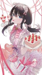 Rule 34 | 1girl, animal ears, balloon, bell, black hair, blue eyes, blush, bow, box, breasts, cake, center frills, checkered bow, checkered clothes, checkered dress, collared dress, commentary, cross-laced clothes, cup, dress, eating, fake animal ears, food, frills, fruit, gift, gift box, gloves, hair between eyes, hair bow, hairband, heart balloon, highres, holding, holding tray, ice cream, kaga nazuna, looking at viewer, low twintails, lupinus virtual games, medium breasts, mole, mole under eye, nakashima (pluscolor), pink bow, ribbon, sidelocks, strawberry, strawberry shortcake, strawberry slice, sundae, tray, twintails, virtual youtuber, vspo!, white background, white dress, white gloves