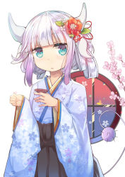 Rule 34 | 10s, 1girl, alternate costume, black hakama, blunt bangs, butterfly sitting, cup, dragon girl, dragon horns, dragon tail, floral print, flower, green eyes, hair flower, hair ornament, hakama, hakama skirt, holding, holding cup, horns, japanese clothes, kanna kamui, kimono, kobayashi-san chi no maidragon, long hair, looking at viewer, sakazuki, sash, silver hair, sitting, skirt, solo, standing, tail, twintails, wide sleeves, zzzzxxx2010nian