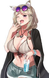 Rule 34 | 1girl, absurdres, animal ear fluff, animal ears, arknights, bikini, blue nails, blush, breasts, cleavage, commentary, cup, daweykun, drinking glass, eyewear on head, fang, front-tie bikini top, front-tie top, grey bikini, grey hair, grey shorts, hand up, highres, jewelry, large breasts, long sleeves, looking at viewer, nail polish, navel, official alternate costume, open clothes, open mouth, pendant, purple eyes, short hair, short shorts, shorts, simple background, solo, stomach, striped bikini, striped clothes, sunglasses, swimsuit, swimsuit cover-up, utage (arknights), utage (summer flowers) (arknights), vertical-striped bikini, vertical-striped clothes, white background