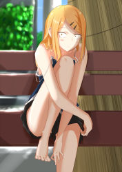 Rule 34 | 10s, 1girl, barefoot, bench, blonde hair, blush, constricted pupils, dagashi kashi, earrings, endou saya, feet, feet on chair, frown, hair ornament, hairclip, highres, jewelry, legs, long hair, multiple piercings, nananana (raven04max), on bed, sitting, solo, strap slip, thighs, toes, yellow eyes