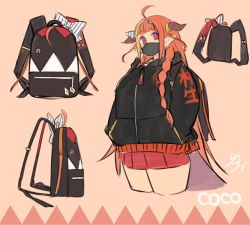 Rule 34 | 1girl, ahoge, alternate costume, backpack, bag, black hoodie, blonde hair, blunt bangs, bow, braid, casual, character name, commentary request, cropped legs, diagonal-striped bow, dragon girl, dragon horns, dragon tail, hands in pockets, hololive, hood, hoodie, horns, isuka, kiryu coco, long hair, looking at viewer, mask, miniskirt, mouth mask, multicolored eyes, multicolored hair, orange hair, pleated skirt, pointy ears, purple eyes, red eyes, red skirt, ribbon, signature, simple background, single braid, skirt, solo, striped ribbon, tail, virtual youtuber