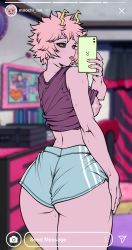 Rule 34 | 1girl, artist request, ashido mina, ass, bedroom, black sclera, boku no hero academia, breasts, clothes lift, colored sclera, colored skin, highres, horns, indoors, instagram, large breasts, no bra, pink hair, pink skin, purple tank top, reflection, selfie, shirt lift, short hair, short shorts, shorts, solo, spiked hair, standing, tank top, tongue, tongue out, yellow eyes