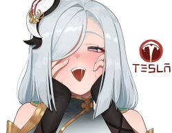 Rule 34 | 1girl, blush, eyelashes, flasso, genshin impact, grey hair, hair ornament, hair over one eye, hands on own face, heart, heart-shaped pupils, logo parody, looking at viewer, naughty face, open mouth, saliva, sexually suggestive, shenhe (genshin impact), simple background, solo, sweat, symbol-shaped pupils, tesla (company), upper body, white background, yandere trance