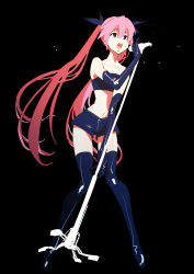 Rule 34 | 1girl, bare shoulders, black background, black eyes, blue footwear, blue gloves, boots, collarbone, elbow gloves, gloves, hair between eyes, highres, holding, holding microphone, long hair, microphone, microphone stand, music, navel, omega rio, omega sisters, open mouth, pink hair, simple background, singing, solo, tamo (gaikogaigaiko), teeth, thigh boots, thighhighs, tongue, twintails, upper teeth only, very long hair, virtual youtuber