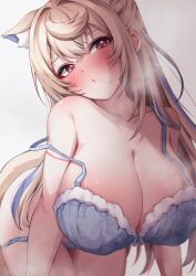 1girl all_fours animal_ears bare_shoulders blonde_hair blue_hair blue_panties blush bra breasts cleavage collarbone dog_ears dog_girl dog_tail fuwawa_abyssgard grey_background hair_in_own_mouth highres hololive hololive_english huge_breasts long_hair loose_hair_strand multicolored_hair panties pink_eyes simple_background solo steaming_body strap_slip streaked_hair sweat tail takuty underwear