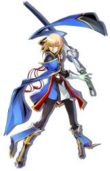 Rule 34 | 1boy, blazblue, blazblue: central fiction, blonde hair, blue footwear, bodysuit, boots, coat, elbow gloves, gloves, green eyes, highres, katou yuuki, kisaragi jin, knee boots, looking at viewer, male focus, official art, serious, shadow, solo, standing, sword, weapon, white background, white gloves, yukianesa