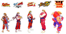 Rule 34 | 1990s (style), bengus, blonde hair, capcom, comparison, crmk, dougi, evolution, eyebrows, fighter, game, highres, karate, karate gi, ken masters, lace, long hair, male focus, martial arts, muscular, official art, street fighter, street fighter 1, street fighter ii (series), street fighter iii (series), street fighter iv (series), street fighter zero (series)