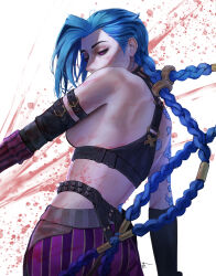 Rule 34 | 1girl, absurdres, alternate breast size, arcane: league of legends, arcane jinx, arm tattoo, ass, asymmetrical bangs, bare shoulders, blood on body, blue hair, braid, cowboy shot, crop top, detached sleeves, eruthu, from behind, hair ornament, highres, jinx (league of legends), league of legends, pants, pink eyes, pink pants, purple pants, shoulder tattoo, solo, striped clothes, striped pants, tattoo, twin braids, twintails, white background