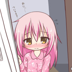 Rule 34 | 1girl, blush, brown eyes, closed mouth, collared shirt, dress shirt, flying sweatdrops, hair between eyes, hand up, have to pee, indoors, long hair, long sleeves, nose blush, open door, original, pajamas, pink hair, pink pajamas, pink shirt, ri-net, romaji text, shirt, solo, sweat, translated, upper body, wavy mouth