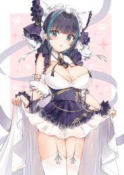 Rule 34 | 1girl, absurdres, azur lane, black hair, blue hair, blunt bangs, blush, breasts, cheshire (azur lane), chestnut mouth, cleavage, clothes lift, clothing cutout, cowboy shot, dress, dress lift, garter straps, highres, large breasts, lifting own clothes, looking at viewer, multicolored hair, nail polish, open mouth, shoulder cutout, skirt, skirt lift, solo, sparkle, standing, thighhighs, two-tone hair, white thighhighs, yukineko1018