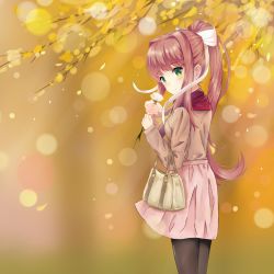 Rule 34 | 1girl, alternate costume, atychi, autumn, autumn leaves, bag, blush, bow, breasts, brown hair, brown sweater, commentary, doki doki literature club, earrings, flower, flower earrings, green eyes, handbag, highres, holding, holding flower, jewelry, long hair, looking at viewer, looking back, medium breasts, monika (doki doki literature club), pantyhose, pink skirt, ponytail, red scarf, ribbon, scarf, sidelocks, skirt, smile, solo, sweater, very long hair, white bow, white ribbon