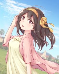 Rule 34 | 1girl, :d, ahoge, alternate costume, blue sky, brown eyes, brown hair, building, casual, commentary request, dress, grass, hair ribbon, hairband, hand in own hair, highres, jacket, looking at viewer, looking to the side, medium hair, open clothes, open jacket, open mouth, outdoors, pink jacket, ribbon, sky, smile, solo, suzumiya haruhi, suzumiya haruhi no yuuutsu, taiki (6240taiki), yellow dress, yellow hairband, yellow ribbon