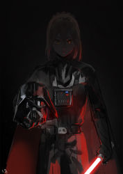 Rule 34 | armor, artoria pendragon (fate), black cape, blonde hair, braid, bright pupils, cape, club3, commentary, cosplay, cowboy shot, darth vader, darth vader (cosplay), energy sword, fate/grand order, fate (series), glowing, glowing eyes, hair between eyes, hair bun, helmet, highres, holding, holding sword, holding weapon, lightsaber, looking at viewer, multicolored cape, multicolored clothes, mysterious heroine x alter (fate), mysterious heroine x alter (third ascension) (fate), red cape, signature, single hair bun, solo, standing, star wars, sword, weapon, yellow eyes