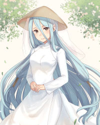 Rule 34 | 1girl, alternate costume, azura (fire emblem), blue hair, blurry, blurry background, blush, breasts, brown eyes, brown hat, closed mouth, depth of field, dress, fire emblem, fire emblem fates, flower, hair between eyes, haru (nakajou-28), hat, highres, leaf, long hair, long sleeves, looking at viewer, nintendo, own hands together, see-through, small breasts, smile, solo, upper body, veil, very long hair, vietnamese dress, white dress, white flower