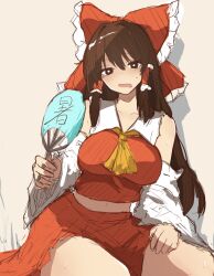 Rule 34 | 1girl, absurdres, against wall, ascot, bare shoulders, blush, bow, breasts, bright pupils, brown eyes, brown hair, collarbone, commentary request, detached sleeves, drop shadow, frilled bow, frilled hair tubes, frills, grey background, hair between eyes, hair bow, hair tubes, hakurei reimu, hand fan, highres, holding, holding fan, hot, large breasts, leaning to the side, long hair, long sleeves, looking at viewer, midriff, moriforest1040, navel, open mouth, red bow, red skirt, red vest, simple background, sitting, sketch, skirt, skirt set, solo, thick thighs, thighs, touhou, very long hair, vest, white pupils, yellow ascot