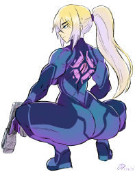 Rule 34 | 1girl, arched back, ass, ass focus, blonde hair, blue eyes, bodysuit, breasts, broly culo (meme), female focus, from behind, frown, full body, gun, hairband, high ponytail, highres, holding, holding weapon, huge ass, large breasts, long hair, meme, metroid, muscular, muscular arms, muscular back, muscular female, muscular legs, nintendo, paralyzer, ponytail, profile, samus aran, sideboob, signature, simple background, skin tight, solo, squatting, thick thighs, thighs, videajames, weapon, white background, wide hips, zero suit