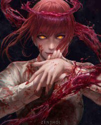 Rule 34 | 1girl, absurdres, artist name, black necktie, blood, blood halo, blood on clothes, blood on face, braid, braided ponytail, chainsaw man, collared shirt, dark background, hemokinesis, highres, liquid halo, looking at viewer, makima (chainsaw man), medium hair, necktie, own hands together, red hair, ringed eyes, shirt, sidelocks, smile, solo, white shirt, yellow eyes, zenthol