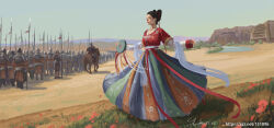 Rule 34 | 1girl, 6+boys, armor, army, chinese armor, chinese clothes, chinese empire, desert, drum, dunhuang dance, dunhuang style, flower, from behind, hair rings, hanfu, helmet, highres, holding, holding polearm, holding weapon, horseback riding, instrument, lake, lamellar armor, long skirt, marching, military, mogao caves, mountainous horizon, multiple boys, oasis, original, polearm, red ribbon, ribbon, riding, shawl, shouhui lang qun, skirt, solo focus, tang dynasty, walking, water, weapon