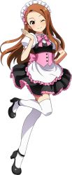Rule 34 | 10s, 1girl, apron, black footwear, blush, brown hair, corset, forehead, full body, hair ribbon, high heels, idolmaster, idolmaster (classic), idolmaster 2, long hair, looking at viewer, maid, maid apron, maid headdress, mary janes, minase iori, official art, red eyes, ribbon, shoes, smile, solo, thighhighs, transparent background, white thighhighs, zettai ryouiki